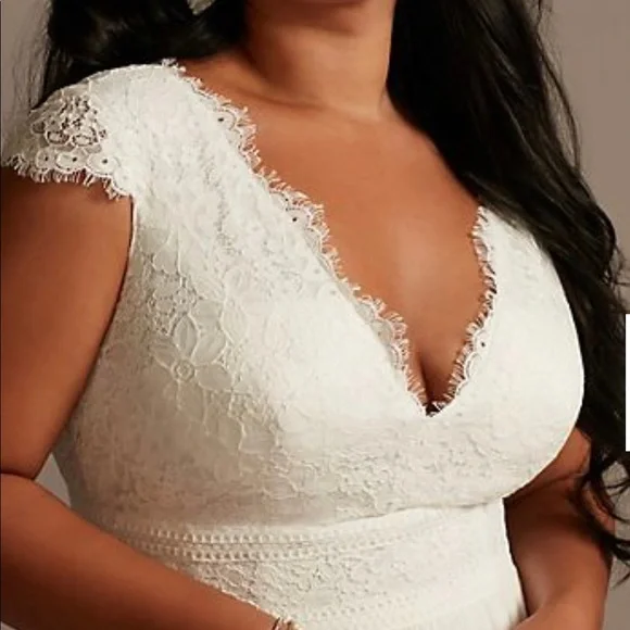 Davids’s Bridal Lace Illusion Back Chiffon Plus Size Wedding Dress - Picture 3 of 6